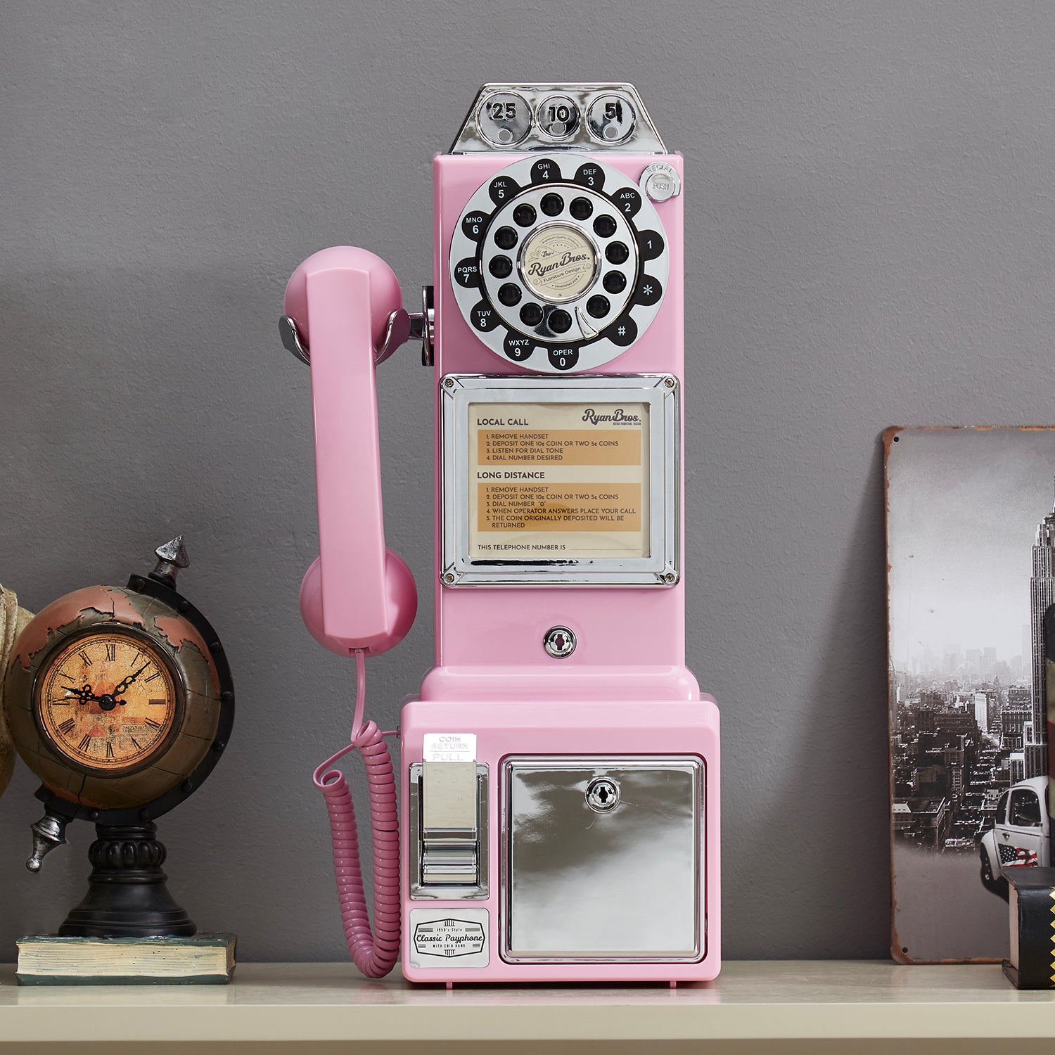 Ryan Bros. American Retro 1950's Payphone with Coin Bank - Pink